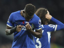 Dari ketiga gol Nicolas Jackson ke gawang Tottenham, salah satunya ia rayakan dengan mencium logo Chelsea di dada. Foto: AP/David Cliff