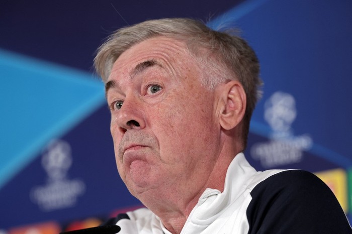 Real Madrids coach Carlo Ancelotti answers to journalists during a press conference at Valdebebas Sport City in Madrid on November 7, 2023 on the eve of the UEFA Champions League group C football match between Real Madrid CF and SC Braga. (Photo by Thomas COEX / AFP)