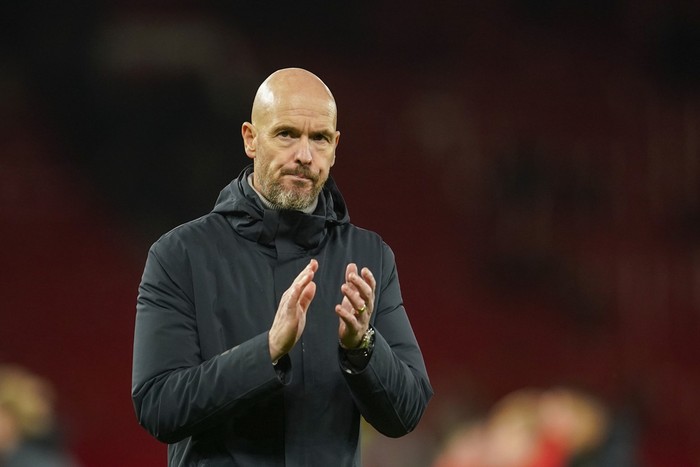 Manchester Uniteds head coach Erik ten Hag applauds at the end of EFL Cup fourth round soccer match between Manchester United and Newcastle at Old Trafford stadium in Manchester, England, Wednesday, Nov. 1, 2023. (AP Photo/Dave Thompson)
