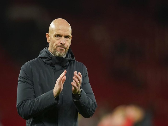Manchester Uniteds head coach Erik ten Hag applauds at the end of EFL Cup fourth round soccer match between Manchester United and Newcastle at Old Trafford stadium in Manchester, England, Wednesday, Nov. 1, 2023. (AP Photo/Dave Thompson)
