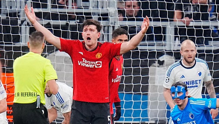 Soccer Football - Champions League - Group A - FC Copenhagen v Manchester United - Telia Parken, Copenhagen, Denmark - November 8, 2023 Manchester United's Harry Maguire reacts Liselotte Sabroe/Ritzau Scanpix via REUTERS ATTENTION EDITORS - THIS IMAGE WAS PROVIDED BY A THIRD PARTY. DENMARK OUT. NO COMMERCIAL OR EDITORIAL SALES IN DENMARK.