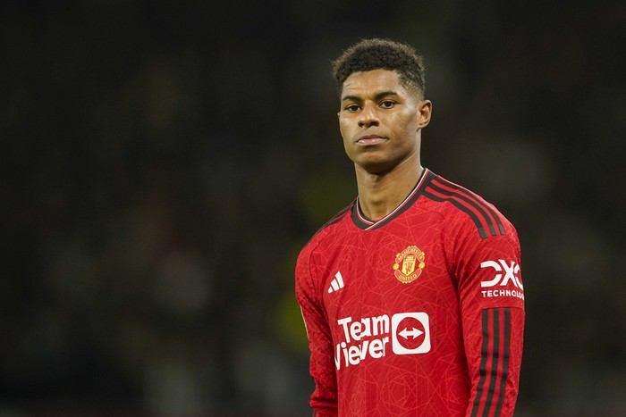 Manchester Uniteds Marcus Rashford reacts during the EFL Cup fourth round soccer match between Manchester United and Newcastle at Old Trafford stadium in Manchester, England, Wednesday, Nov. 1, 2023. (AP Photo/Dave Thompson)