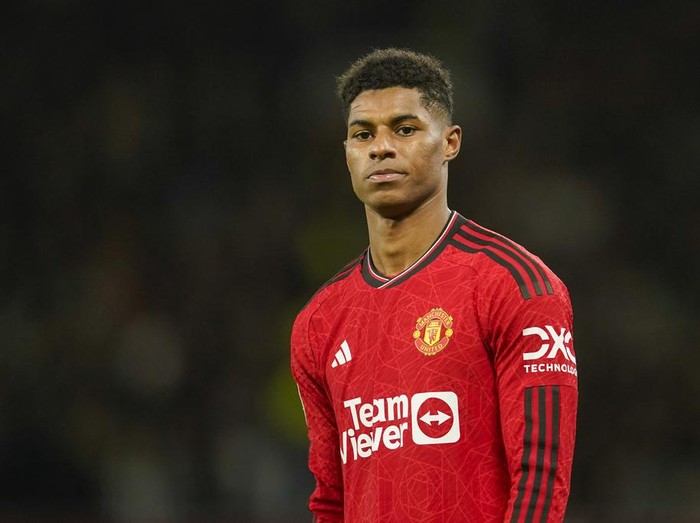 Manchester United's Marcus Rashford reacts during the EFL Cup fourth round soccer match between Manchester United and Newcastle at Old Trafford stadium in Manchester, England, Wednesday, Nov. 1, 2023. (AP Photo/Dave Thompson)