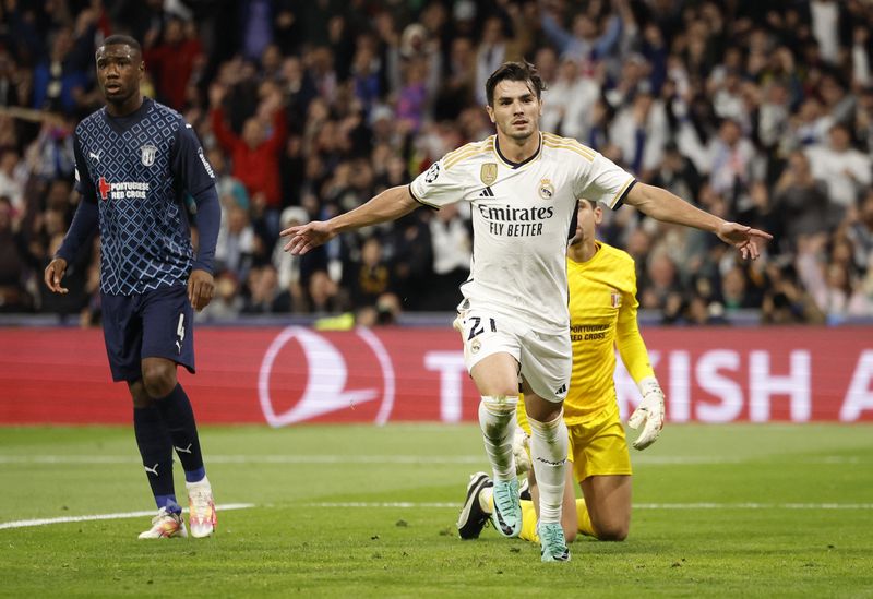 Soccer Football - Champions League - Group C - Real Madrid v S.C. Braga - Santiago Bernabeu, Madrid, Spain - November 8, 2023 Real Madrid's Brahim Diaz celebrates scoring their first goal REUTERS/Juan Medina