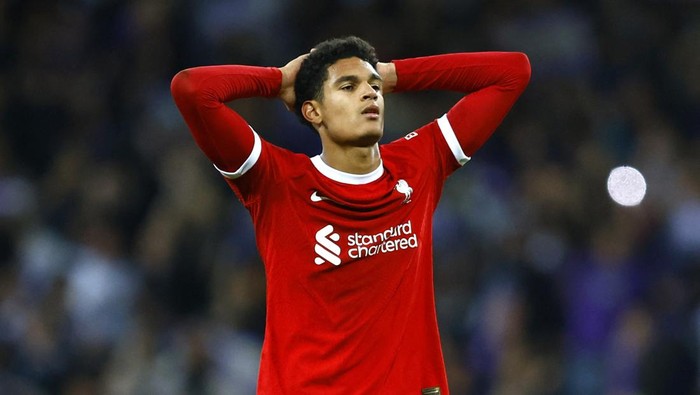 Soccer Football - Europa League - Group E - Toulouse v Liverpool - Stadium Municipal de Toulouse, Toulouse, France - November 9, 2023 Liverpools Jarell Quansah looks dejected after his goal is disallowed following a referral to VAR REUTERS/Stephane Mahe