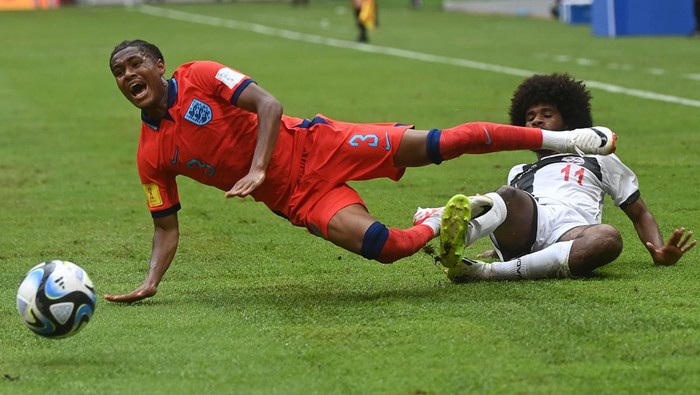 Inggris pesta gol ke gawang Kaledonia Baru di laga penyisihan Grup C Piala Dunia U-17 2023 di Jakarta International Stadium, Sabtu (11/11/2023). Three Lions menang telak 10 gol tanpa balas.