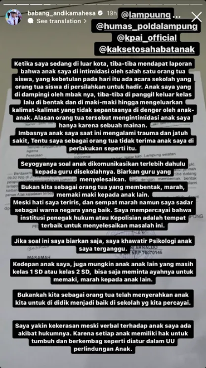 Unggahan Andika Kangen Band soal anaknya yang dicaci-maki orang tua murid.