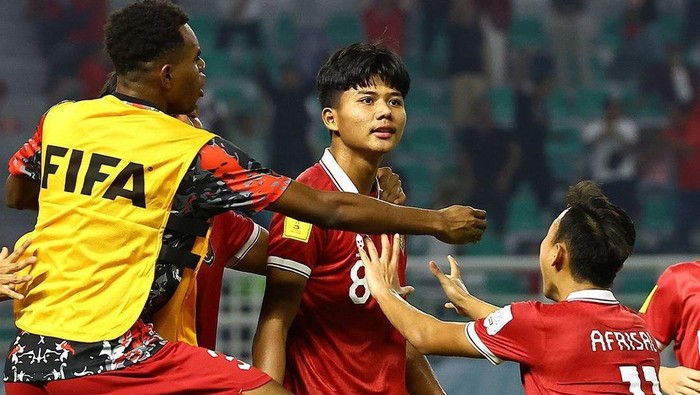 Selebrasi punggawa Timnas Indonesia U17 menyambut gol Arkhan Kaka saat melawan Panama.