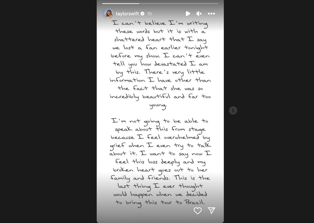 Taylor Swift mengungkapkan rasa duka yang ia rasakan setelah mengetahui seorang fan meninggal dunia sesaat sebelum konser Eras Tour di Rio de Janeiro, Brazil, digelar pada Jumat (17/11) malam.