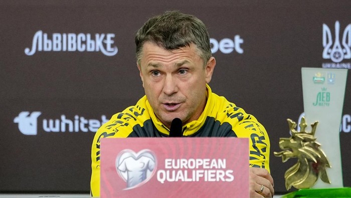 Ukraines head coach Serhiy Rebrov talks to the media at a press conference ahead of the Euro 2024 group C qualifying soccer match between Ukraine and Italy at the BayArena in Leverkusen, Germany, Sunday, Nov. 19, 2023. (AP Photo/Martin Meissner)