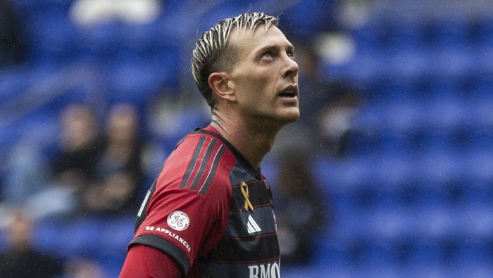 Toronto FC Federico Bernardeschi reacts during an MLS soccer match against New York City FC at Red Bull Arena, Sunday, Sept. 24, 2023, in Harrison, N.J. (AP Photo/Andres Kudacki)