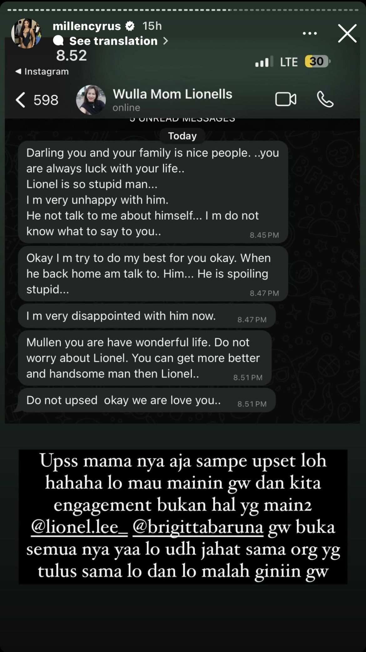 Isi chat WA ibunda Lionel Lee ke Millendaru