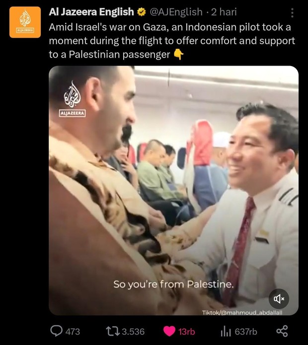 Momen mengharukan pilot Indonesia peluk penumpang Palestina di pesawat