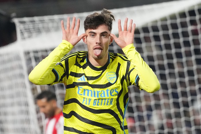Havertz, Brentford vs Arsenal Arsenal's Kai Havertz celebrates after scoring his side's opening goal during the English Premier League soccer match between Brentford and Arsenal at the Gtech Community stadium in London, Saturday, Nov. 25, 2023. (AP Photo/Kirsty Wigglesworth)