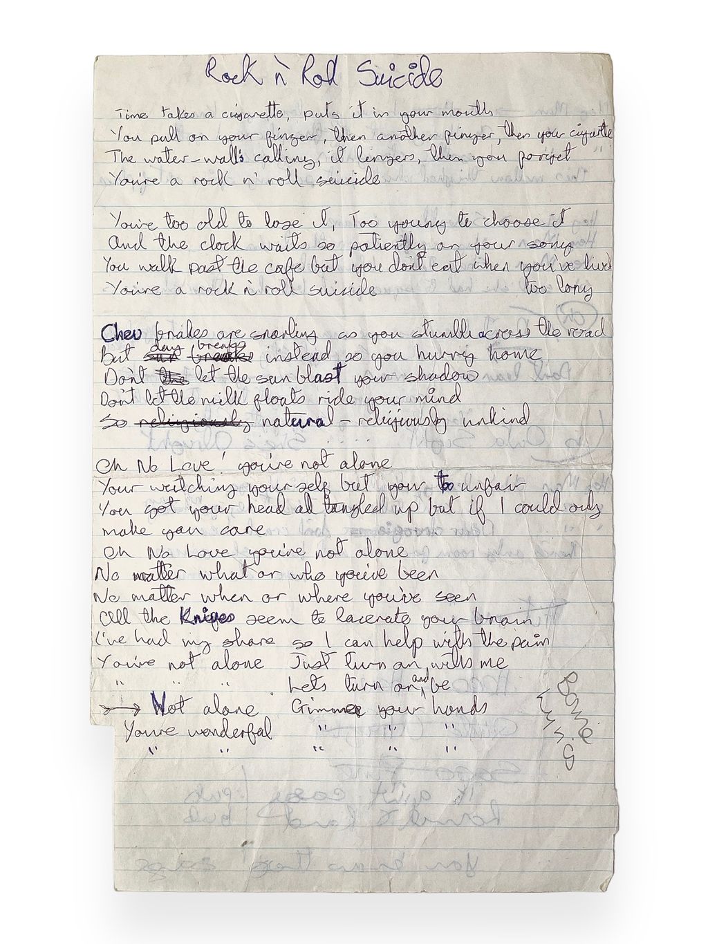 David Bowie’s lyric sheet for ‘Rock ‘n’ Roll Suicide’. Courtesy of Omega Auctions/PA.