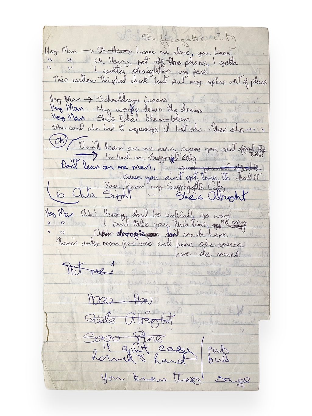 David Bowie’s lyric sheet for ‘Suffragette City’. Courtesy of Omega Auctions/PA