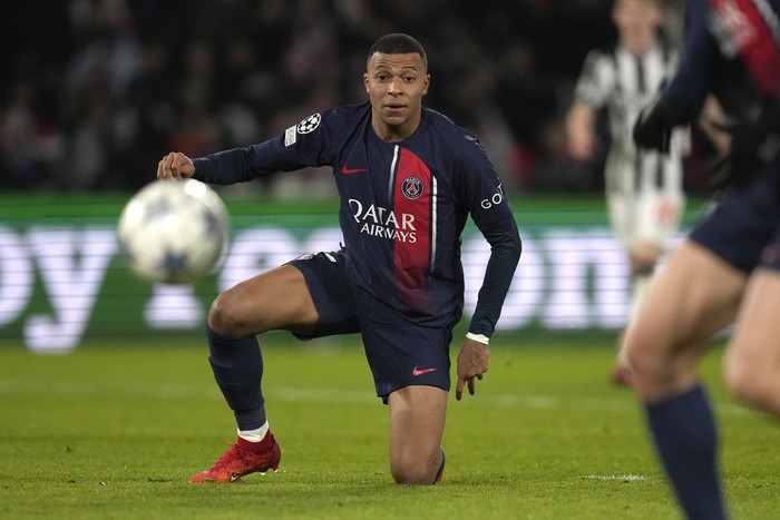 PSGs Kylian Mbappe reacts during the Champions League group F soccer match between Paris Saint-Germain and Newcastle United FC at the Parc des Princes in Paris, Tuesday, Nov. 28, 2023. (AP Photo/Thibault Camus)