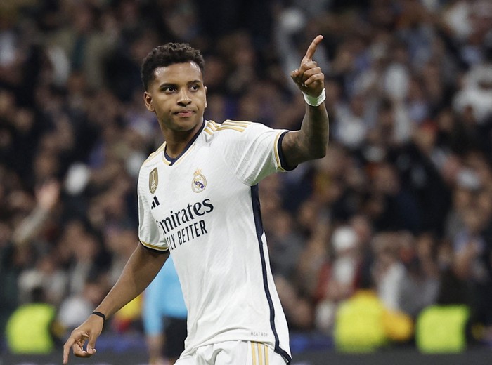 Soccer Football - Champions League - Group C - Real Madrid v Napoli - Santiago Bernabeu, Madrid, Spain - November 29, 2023 Real Madrids Rodrygo celebrates scoring their first goal REUTERS/Juan Medina