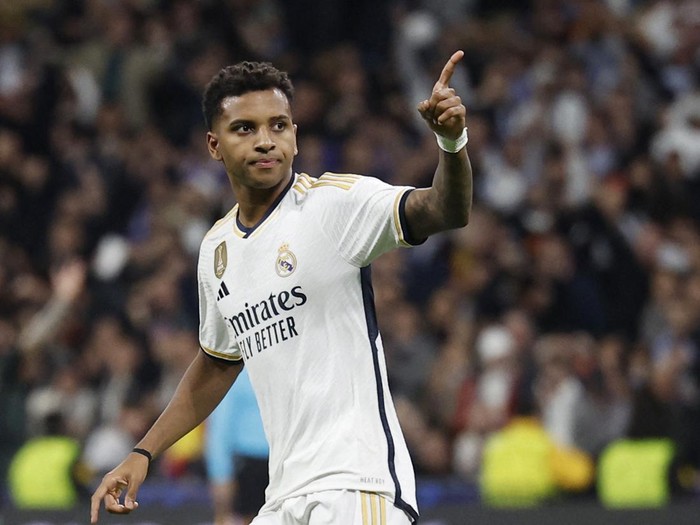 Soccer Football - Champions League - Group C - Real Madrid v Napoli - Santiago Bernabeu, Madrid, Spain - November 29, 2023 Real Madrid's Rodrygo celebrates scoring their first goal REUTERS/Juan Medina