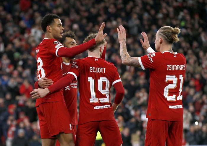 Cody Gakpo Soccer Football - Europa League - Group E - Liverpool v LASK Linz - Anfield, Liverpool, Britain - November 30, 2023 Liverpool's Cody Gakpo celebrates scoring their second goal with Mohamed Salah, Harvey Elliott and Kostas Tsimikas Action Images via Reuters/Craig Brough