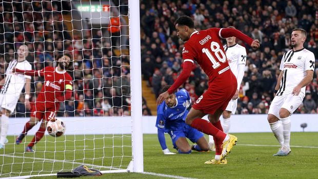 Soccer Football - Europa League - Group E - Liverpool v LASK Linz - Anfield, Liverpool, Britain - November 30, 2023  Liverpool's Cody Gakpo scores their second goal Action Images via Reuters/Craig Brough