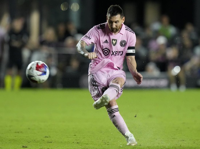 Inter Miami forward Lionel Messi attempts a penalty kick during the second half of a club friendly soccer match against New York City FC, Friday, Nov. 10, 2023, in Fort Lauderdale, Fla. (AP Photo/Lynne Sladky)