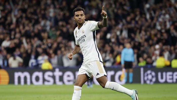 Soccer Football - Champions League - Group C - Real Madrid v Napoli - Santiago Bernabeu, Madrid, Spain - November 29, 2023 Real Madrids Rodrygo celebrates scoring their first goal REUTERS/Juan Medina