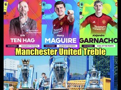 Tiga penghargaan MU di bulan November diibaratkan treble. Kalau Manchester City si tetangga berisik, treble sungguhan pada musim lalu. Foto: dok. Internet/X (Twitter)