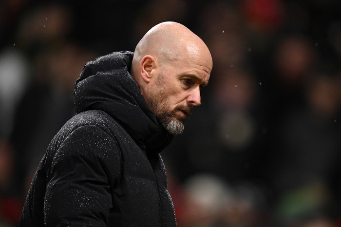 Manchester Uniteds Dutch manager Erik ten Hag leaves at half-time in the English Premier League football match between Manchester United and Bournemouth at Old Trafford in Manchester, north west England, on December 9, 2023. (Photo by Oli SCARFF / AFP) / RESTRICTED TO EDITORIAL USE. No use with unauthorized audio, video, data, fixture lists, club/league logos or live services. Online in-match use limited to 120 images. An additional 40 images may be used in extra time. No video emulation. Social media in-match use limited to 120 images. An additional 40 images may be used in extra time. No use in betting publications, games or single club/league/player publications. /