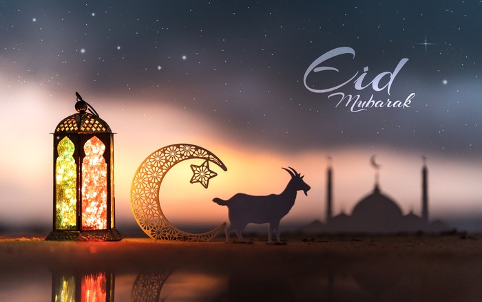 Eid Mubarak creative new poster design, crescent moon shape an goat with traditional lantern lamp, Eid Al Adha background 2023