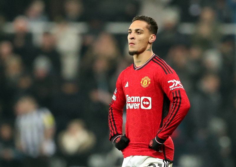 Soccer Football - Premier League - Newcastle United v Manchester United - St James' Park, Newcastle, Britain - December 2, 2023 Manchester United's Antony looks dejected after the match REUTERS/Scott Heppell NO USE WITH UNAUTHORIZED AUDIO, VIDEO, DATA, FIXTURE LISTS, CLUB/LEAGUE LOGOS OR 'LIVE' SERVICES. ONLINE IN-MATCH USE LIMITED TO 45 IMAGES, NO VIDEO EMULATION. NO USE IN BETTING, GAMES OR SINGLE CLUB/LEAGUE/PLAYER PUBLICATIONS.