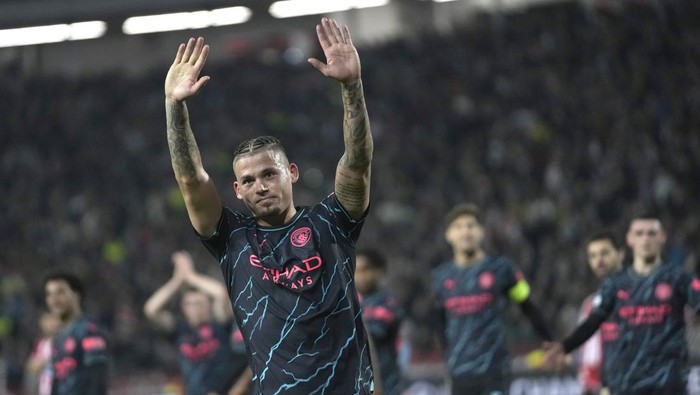 Manchester Citys Kalvin Phillips celebrates after scoring his sides third goal during the Group G Champions League soccer match between Red Star and Manchester City, at the Rajko Mitic Stadium in Belgrade, Serbia, Wednesday, Dec. 13, 2023. (AP Photo/Darko Vojinovic)