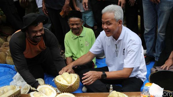 Foto-foto Ganjar Lesehan Makan Durian Bersama Warga