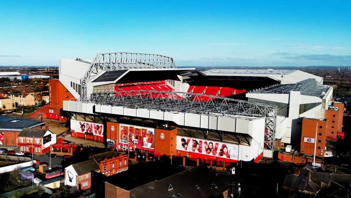 Soccer Football - Liverpools Anfield Stadium is seen with seats in the new Anfield road stand upper tier - Anfield, Liverpool, Britain - December 13, 2023 General view as Liverpools Anfield Stadium is seen with seats in the new Anfield road stand upper tier REUTERS/Carl Recine
