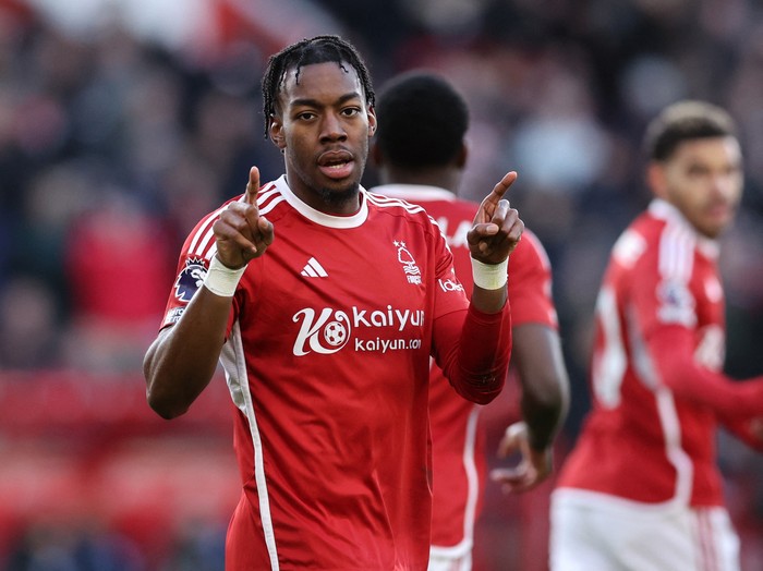 Soccer Football - Premier League - Nottingham Forest v Brighton & Hove Albion - The City Ground, Nottingham, Britain - November 25, 2023 Nottingham Forests Anthony Elanga celebrates scoring their first goal REUTERS/David Klein NO USE WITH UNAUTHORIZED AUDIO, VIDEO, DATA, FIXTURE LISTS, CLUB/LEAGUE LOGOS OR LIVE SERVICES. ONLINE IN-MATCH USE LIMITED TO 45 IMAGES, NO VIDEO EMULATION. NO USE IN BETTING, GAMES OR SINGLE CLUB/LEAGUE/PLAYER PUBLICATIONS.