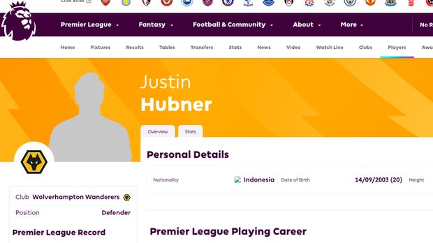 Nama Justin Hubner tercatat memiliki kewarganegaraan Indonesia di situs Premier League.