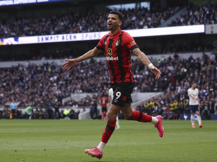 Bournemouth's Dominic Solanke celebrates after scoring his side's 2nd goal during the English Premier League soccer match between Tottenham Hotspur and Bournemouth at Tottenham Hotspur Stadium, in London, England, Saturday, April 15, 2023. (AP Photo/Ian Walton)