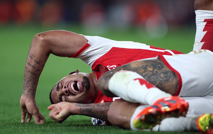 Gabriel Jesus Soccer Football - Premier League - Arsenal v West Ham United - Emirates Stadium, London, Britain - December 28, 2023  Arsenal's Gabriel Jesus reacts REUTERS/Isabel Infantes NO USE WITH UNAUTHORIZED AUDIO, VIDEO, DATA, FIXTURE LISTS, CLUB/LEAGUE LOGOS OR 'LIVE' SERVICES. ONLINE IN-MATCH USE LIMITED TO 45 IMAGES, NO VIDEO EMULATION. NO USE IN BETTING, GAMES OR SINGLE CLUB/LEAGUE/PLAYER PUBLICATIONS.