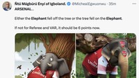 Kalau kata fans satu ini, gajah Arsenal mestinya sudah jatuh dari pohon sejak lama apabila tak dibantu wasit dan VAR. Ya, ampun! (Foto: Twitter)