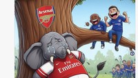 Chelsea boleh jadi berkutat di papan tengah klasemen, tapi fansnya ikut senang melihat kejatuhan gajah Arsenal dari pohon. (Foto: Twitter)