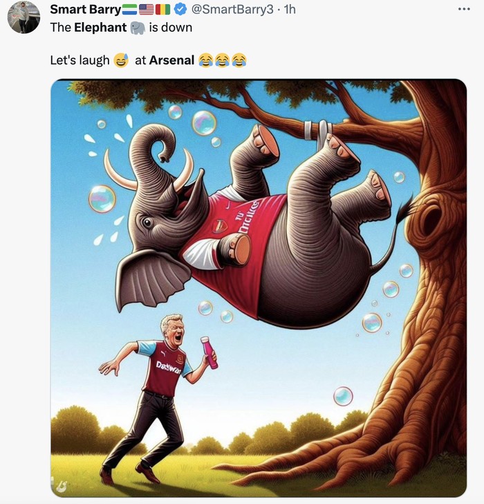 Meme Gajah Arsenal Meme gajah Arsenal jatuh dari puncak pohon usai kekalahan melawan West Ham United.