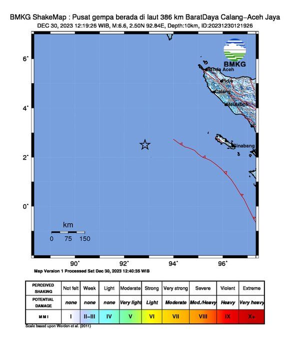 Gempa bumi magnitudo (M) 6,6 terjadi di Aceh Jaya, Aceh. Pusat gempa ini berada di Samudera Hindia. (dok BMKG)