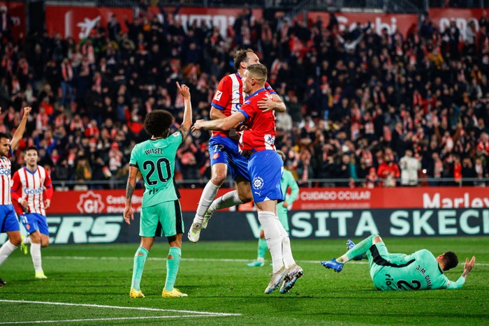 17 Daley Blind of Girona FC celebrates after scoring a goal with 09 Artem Dovbyk of Girona FC during the La Liga Match match between Girona FC v Atletico de Madrid at Estadi de Montilivi in Girona, Spain, on Januray 3rd, 2024. (Photo by Gongora/NurPhoto via Getty Images)