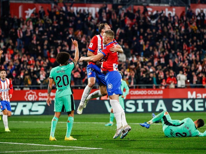 17 Daley Blind of Girona FC celebrates after scoring a goal with 09 Artem Dovbyk of Girona FC during the La Liga Match match between Girona FC v Atletico de Madrid at Estadi de Montilivi in Girona, Spain, on Januray 3rd, 2024. (Photo by Gongora/NurPhoto via Getty Images)