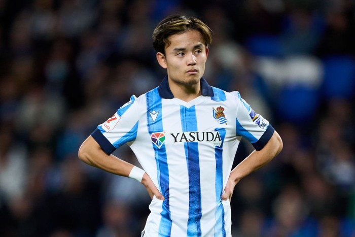 SAN SEBASTIAN, SPAIN - JANUARY 02: Takefusa Kubo of Real Sociedad looks on during the LaLiga EA Sports match between Real Sociedad and Deportivo Alaves at Reale Arena on January 02, 2024 in San Sebastian, Spain. (Photo by Juan Manuel Serrano Arce/Getty Images)