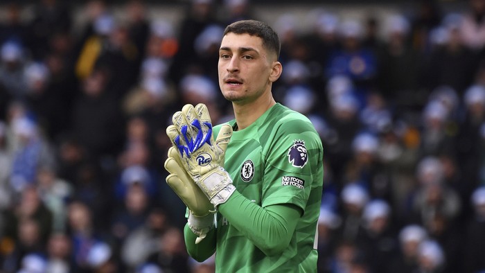 Chelseas Djordje Petrovic during the English Premier League soccer match between Wolverhampton Wanderers and Chelsea at Molineux stadium in Wolverhampton, England, Sunday, Dec. 23, 2023. (AP Photo/Rui Vieira)