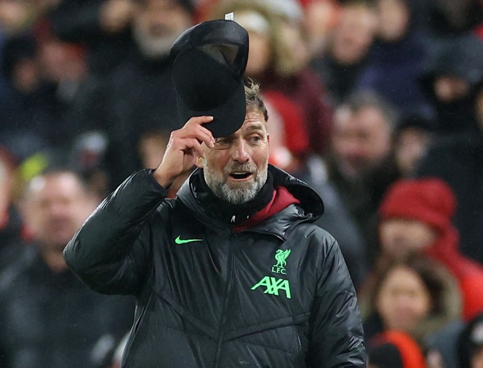 Soccer Football - Premier League - Liverpool v Newcastle United - Anfield, Liverpool, Britain - January 1, 2024 Liverpool manager Juergen Klopp reacts after Mohamed Salah scored their fourth goal REUTERS/Carl Recine NO USE WITH UNAUTHORIZED AUDIO, VIDEO, DATA, FIXTURE LISTS, CLUB/LEAGUE LOGOS OR LIVE SERVICES. ONLINE IN-MATCH USE LIMITED TO 45 IMAGES, NO VIDEO EMULATION. NO USE IN BETTING, GAMES OR SINGLE CLUB/LEAGUE/PLAYER PUBLICATIONS.