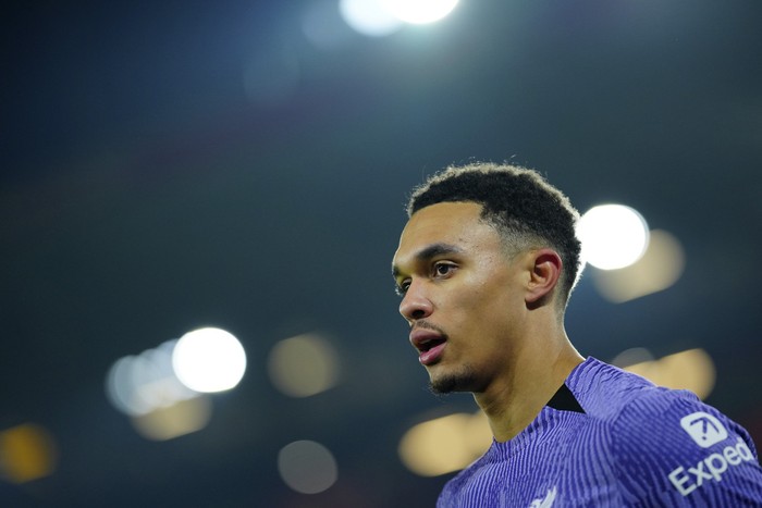 Liverpools Trent Alexander-Arnold looks on during the English Premier League soccer match between Sheffield United and Liverpool at Bramall Lane in Sheffield, England, Wednesday, Dec. 6, 2023. (AP Photo/Jon Super)