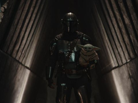 (L-R): Din Djarin (Pedro Pascal) and Grogu in Lucasfilm's THE MANDALORIAN, season three, exclusively on Disney+. ©2023 Lucasfilm Ltd. & TM. All Rights Reserved.