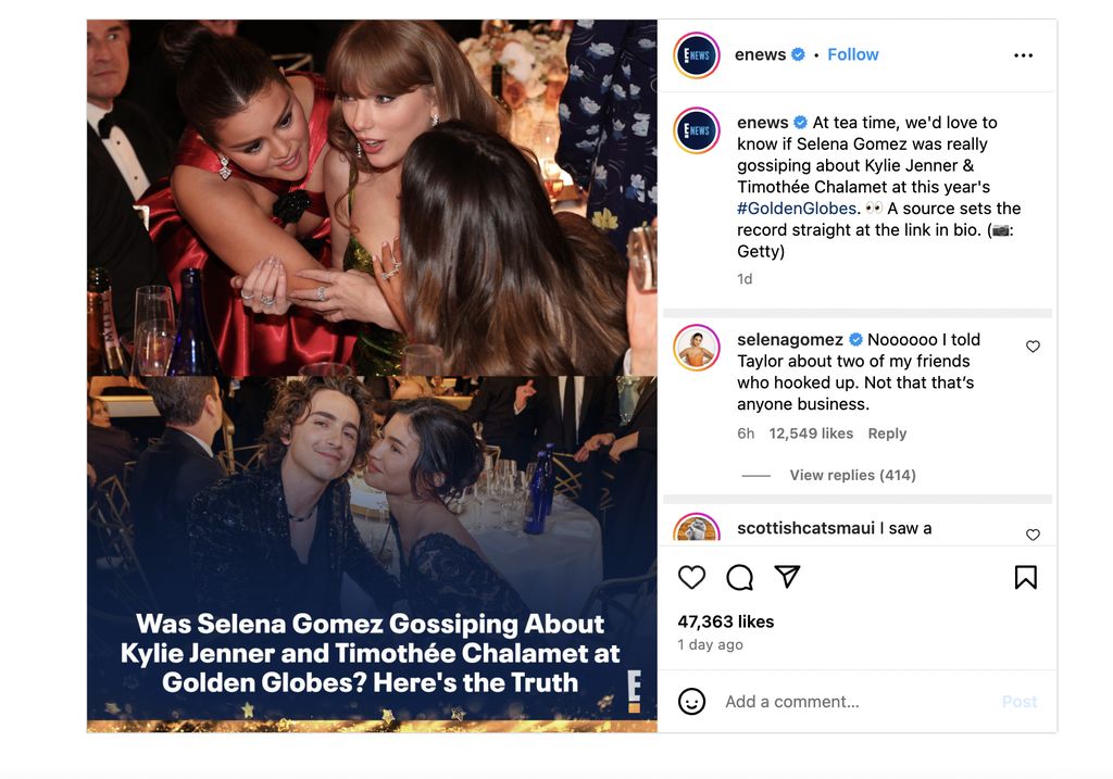 Selena Gomez membantah rumor bahwa dirinya bergosip soal Timothee Chalamet dan Kylie Jenner ke Taylor Swift saat mereka berada di Golden Globe Awards 2024.